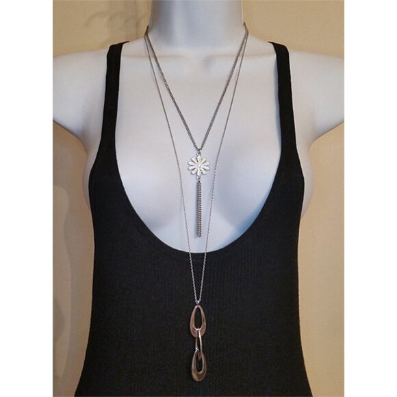 Curated Bundle Loft Long Chain Pendant & Flower Tassel Necklace Lot 2 Layered. - Picture 1 of 4